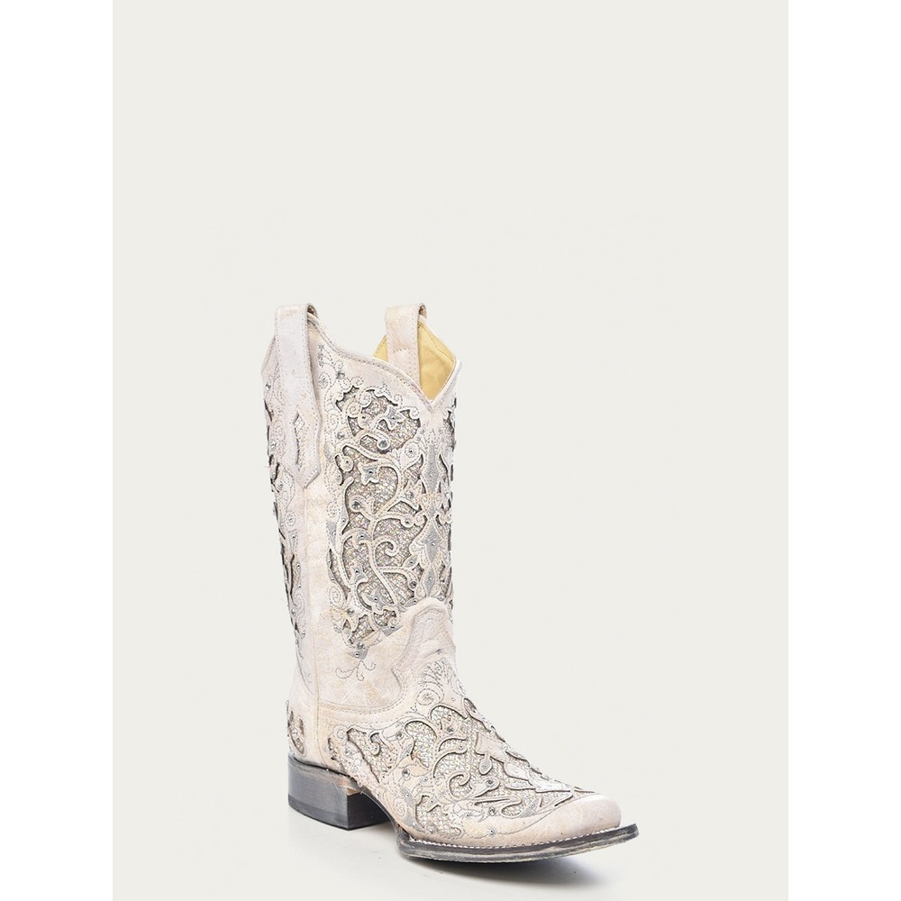 Corral A3397 White Glitter Inlay Crystal Square Toe Wedding Cowboy Boots 6.5 M
